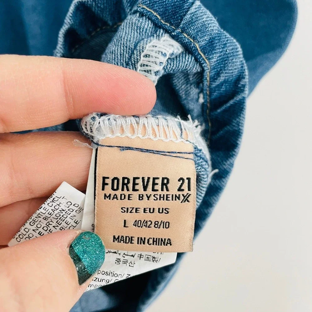 NWT Forever 21 SHEIN Denim Babydoll Mini Dress Puff Sleeve Tie Front Large Y2K‎ - Picture 5 of 8